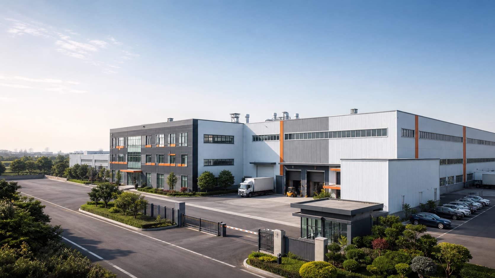 Illustrative exterior view of a modern synchronous belt manufacturing facility