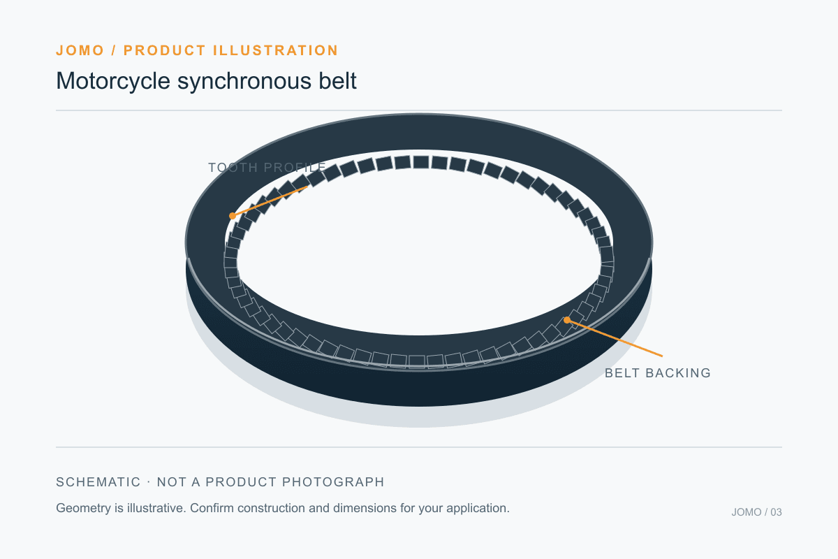 Original technical illustration: motorcycle synchronous belt. Not a product photograph.