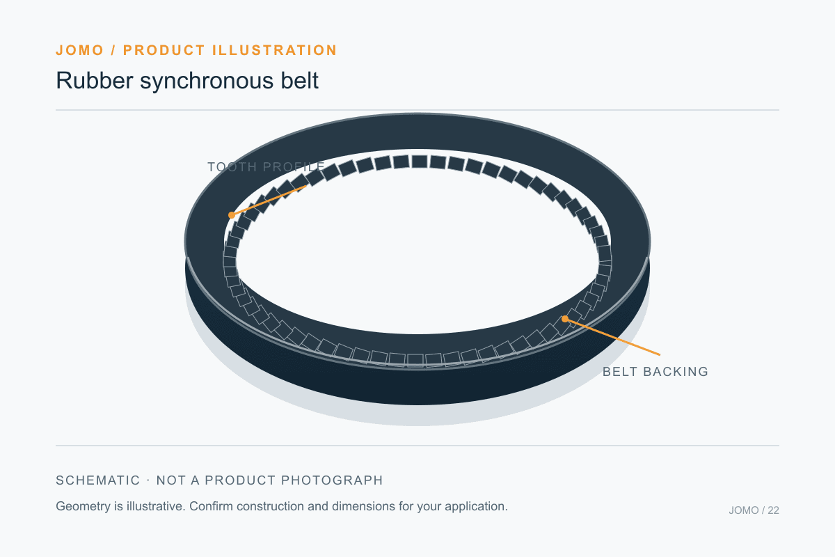 Original technical illustration: rubber synchronous belt. Not a product photograph.